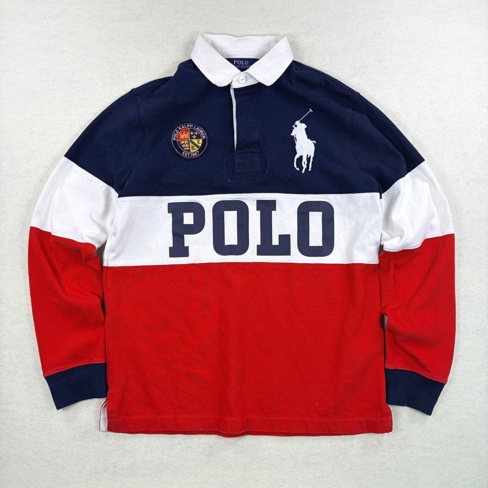 Polo Ralph Lauren Mens Custom Slim Fit Rugby Shirt Navy Red White Large Pony M